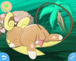  1boy alolan_raichu animal_ears anus ass blue_eyes blush_stickers erection feet floating from_behind gameplay_mechanics green_background half-closed_eyes heart highres looking_back looking_to_the_side lying male_focus multicolored_eyes nude on_stomach outdoors palm_tree paws penis pokemon pokemon_(creature) pokemon_sm precum solo spread_legs tail testicles tree uncensored yellow_eyes yumei_(masterx94) 