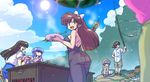  4girls :d ass back barbecue black_hair bow braid brown_hair bucket cloud day drink fish fishing fishing_rod food fruit glasses green_eyes hair_bow kuonji_ukyou long_hair looking_at_another looking_back mousse multiple_girls no_bra open_mouth outdoors purple_hair ranma_1/2 saotome_ranma shampoo_(ranma_1/2) shorts single_braid sky smile squatting standing strapless sun tendou_akane wanta_(futoshi) watermelon 