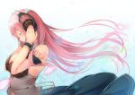  1girl bare_shoulders bit_(keikou_syrup) breasts cleavage commentary_request eyes_closed from_side hair_lift headphones headset large_breasts listening_to_music long_hair long_skirt megurine_luka navel pink_hair sideboob skirt standing tattoo very_long_hair vocaloid wrist_cuffs 