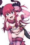  alternate_color bangs blue_eyes cosplay dangerous_beast elbow_gloves elizabeth_bathory_(fate) elizabeth_bathory_(fate)_(all) fangs fate/extra fate/extra_ccc fate/grand_order fate_(series) fur_collar fur_trim gloves hair_ribbon highres horns jp06 kneeling long_hair looking_at_viewer mash_kyrielight mash_kyrielight_(cosplay) navel o-ring o-ring_top open_mouth pink_hair purple_gloves purple_legwear revealing_clothes ribbon simple_background smile solo tail thighhighs white_background 