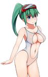  :3 absurdres arms_behind_back bad_id bad_pixiv_id blue_eyes blush breasts center_opening collarbone eyebrows_visible_through_hair goggles goggles_on_head green_hair hair_between_eyes highres jangif large_breasts long_hair looking_at_viewer navel one-piece_swimsuit original side_ponytail smirk solo swimsuit transparent_background vacation_(turning_gear) 