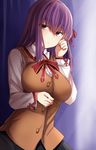  bangs black_skirt blue_background breasts brown_vest collared_shirt commentary_request eyebrows_visible_through_hair fate/stay_night fate_(series) hair_between_eyes hair_ribbon highres homurahara_academy_uniform large_breasts long_sleeves matou_sakura neck_ribbon purple_eyes purple_hair red_ribbon ribbon sabujiroko school_uniform shirt skirt solo vest white_shirt 