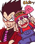  1girl annoyed baseball_cap black_eyes black_hair blush_stickers character_name closed_eyes crossover dr._slump dragon_ball dragon_ball_super formal frown glasses hair_wings happy hat jumping looking_at_another miiko_(drops7) necktie norimaki_arale open_mouth overalls poop_on_a_stick purple_hair red_shirt shirt simple_background smile spiked_hair suit sweatdrop translation_request v vegeta white_background 