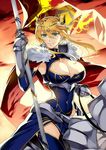  ahoge armor artoria_pendragon_(all) artoria_pendragon_(lancer) bangs blonde_hair braid breasts cape cleavage colored_eyelashes covered_navel crown fate/grand_order fate_(series) flag fur_trim gauntlets green_eyes hair_between_eyes holding holding_flag horseback_riding ishida_akira large_breasts long_hair looking_at_viewer official_art outdoors riding smile solo sunset tied_hair 