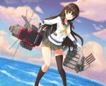  black_hair black_legwear blush breasts closed_mouth eyebrows_visible_through_hair gloves grey_skirt highres isokaze_(kantai_collection) kantai_collection kneehighs long_hair long_sleeves looking_at_viewer medium_breasts miniskirt pleated_skirt red_eyes skirt smile solo thighhighs white_gloves yellow_neckwear zilaishui 