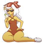  1girl adventure_time bacon breakfast_princess breasts brown_eyes brown_swimsuit drinking drinking_straw flower food full_body hair_flower hair_ornament hand_on_hip lime_slice mike_inel sitting small_breasts solo sunglasses swimsuit white_hair yellow_skin yokozuwari 