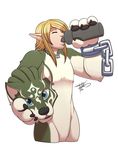  2017 blonde_hair eyes_closed freckles_(artist) fursuit hair humanoid hylian link link_(wolf_form) male nintendo not_furry pointy_ears simple_background solo the_legend_of_zelda video_games white_background 