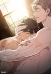  2boys absurdres bishounen bite_mark bite_mark_on_shoulder brown_hair bruise closed_eyes comforting cuddling hickey highres ilay_riegrow injury kondou_taeko light_smile lying_on_person male_focus multiple_boys o_ssion passion_(manhwa) sleeping sleeping_on_person sunlight white_hair window window_shade yaoi 