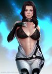  black_bra black_hair blue_eyes bodysuit bra breasts choker cleavage commentary lace lace-trimmed_bra large_breasts lips long_hair looking_at_viewer mass_effect mass_effect_2 miranda_lawson navel off_shoulder patreon_username realistic solo stomach toned underwear undressing watermark web_address ynorka_chiu 