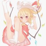  arms_up ascot bangs blonde_hair blush bow brown_eyes eyebrows_visible_through_hair flandre_scarlet full_body hair_between_eyes hat hat_bow mob_cap no_shoes one_side_up panties puffy_short_sleeves puffy_sleeves red_bow red_skirt sakurea short_sleeves simple_background skirt skirt_set socks solo touhou underwear white_background white_hat white_legwear white_panties 