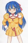  1girl 90s agent_aika artist_request bad_anatomy bangs blue_hair breasts brown_eyes cleavage closed_mouth delmo dress female golden_delmo hair_ribbon legs long_hair looking_at_viewer miniskirt petoriyacowa_rie pixiv ribbon short_dress skirt smile solo standing traditional_media uniform very_long_hair 