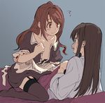  ? akni bare_shoulders blanket blush breasts brown_eyes brown_hair earrings eyebrows_visible_through_hair garter_straps green_eyes grey_background half_updo idolmaster idolmaster_cinderella_girls jewelry long_hair maid multiple_girls no_bra on_bed one_side_up open_mouth shibuya_rin shimamura_uzuki shirt sidelocks simple_background sitting sitting_on_lap sitting_on_person small_breasts smile sweatdrop thighhighs unbuttoned under_covers undressing yuri 