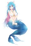  :d absurdres animal_ears bangs blue_eyes blue_hair blush breast_squeeze breasts cleavage commentary_request eyebrows_visible_through_hair fins full_body gem hair_between_eyes head_fins highres jewelry large_breasts long_hair looking_at_viewer matsunoki_(unknown_751) mermaid monster_girl multicolored_hair necklace o-ring o-ring_top open_mouth original pink_hair seashell shell simple_background smile solo very_long_hair white_background white_bikini_top 