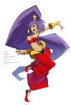  armlet bandeau blue_eyes earrings full_body highres jewelry long_hair midriff o-ring o-ring_top open_mouth pants pointy_ears ponytail purple_hair red_bandeau red_footwear red_pants shantae shantae_(series) simple_background smile standing standing_on_one_leg twitter_username very_long_hair youzaiyouzai112 