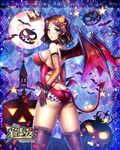  1girl argyle argyle_background bare_shoulders bat blush breasts butt_crack company_name copyright_name crown demon_girl demon_horns demon_tail demon_wings eagle_db fishnet_thighhighs fishnets frills full_moon halloween handcuffs horns jack-o&#039;-lantern jack-o&#039;-lantern_hair_ornament lace-trimmed_legwear leotard looking_at_viewer looking_back medium_breasts moon no_bra official_art parted_lips petals pumpkin_hair_ornament separated_legs short_hair solo standing star tagme tail 