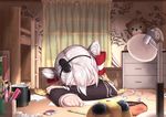  amatsukaze_(kantai_collection) arm_pillow bangs bed blanket book bunk_bed closed_eyes commentary_request covered_face cup curtains desk desk_lamp earbuds earphones earphones_removed eraser eyebrows_visible_through_hair grey_jacket hair_tie hair_tubes hat head_rest jacket kantai_collection ladder lamp long_hair long_sleeves marker mini_hat mug note on_desk one_eye_covered pen pencil scissors shelf silver_hair sitting sleeping solo stuffed_animal stuffed_bunny stuffed_toy teddy_bear twintails window zetsuriinu_(kairyougata) 