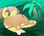  1girl alolan_raichu animal_ears anus ass blue_eyes blush_stickers clitoris feet female floating from_behind green_background half-closed_eyes highres looking_back looking_to_the_side lying multicolored_eyes nude on_stomach outdoors palm_tree paws pokemon pokemon_(creature) pokemon_sm pussy solo spread_legs spread_pussy tail tree uncensored yellow_eyes yumei_(masterx94) 