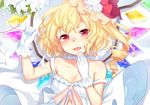  alternate_costume arm_up bangs bare_shoulders bed_sheet blonde_hair blush bow choker commentary_request drill_hair eyebrows_visible_through_hair fang flandre_scarlet gloves hair_bow hand_to_own_mouth hand_up heart heart_of_string jewelry long_hair looking_at_viewer lying on_back open_mouth paragasu_(parags112) red_bow red_eyes red_string ring side_ponytail solo string tears touhou upper_body wedding_band white_gloves 