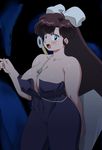  areola_slip areolae bangs bare_shoulders between_breasts blue_eyes blunt_bangs blush bow breasts brown_hair cave hair_bow highres kuonji_ukyou large_breasts long_hair looking_at_viewer mage_(harumagedon) no_bra open_mouth oversized_object pants plump ranma_1/2 sash spatula strap_cleavage strapless topless underbust very_long_hair weapon weapon_on_back 