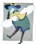  aoi_(annbi) aqua_eyes aqua_hair black_hat black_legwear bow bright_pupils closed_mouth frilled_skirt frilled_sleeves frills full_body green_skirt grey_background hat hat_bow highres komeiji_koishi long_sleeves looking_at_viewer no_shoes pantyhose shirt skirt smile solo standing touhou wide_sleeves yellow_bow yellow_shirt 