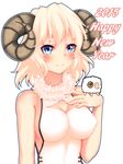  2015 absurdres animal_ears bare_shoulders blonde_hair blue_eyes blush breasts cleavage_cutout closed_mouth commentary_request covered_nipples eyebrows_visible_through_hair fur_trim hand_on_own_chest happy_new_year highres horns kuroleo large_breasts looking_at_viewer new_year original sheep sheep_ears sheep_girl sheep_horns short_hair simple_background sleeveless smile solo upper_body white_background 