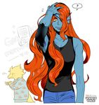  alphys anthro blue_skin breasts clothing eye_patch eyewear female fish group hair long_hair looking_at_viewer mammal marine red_hair shirt sketch standing tank_top tyun undertale undyne video_games yellow_eyes 