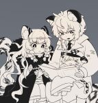 1boy 2girls :d :o aged_down animal_ear_fluff animal_ears anyou990 arknights blush braid brother_and_sister chinese_commentary cliffheart_(arknights) coat commentary_request dress fang fingernails flat_cap fur-trimmed_dress fur_trim greyscale hair_between_eyes hat highres leopard_ears leopard_tail long_hair monochrome multiple_girls necktie open_mouth pramanix_(arknights) reading short_hair siblings silverash_(arknights) sitting sitting_on_lap sitting_on_person sleeping smile tail turtleneck twin_braids zzz 