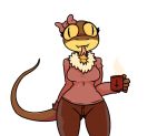  5_fingers anthro big_eyes bow breasts clothing cup dewdle female forked_tongue iguanasarecool pants reptile scalie simple_background snake solo sweater thigh_gap tongue white_background wide_hips yellow_eyes 