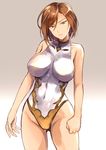  ameno_shigure apollonia_vaar bangs breasts brown_hair closed_mouth collarbone commentary_request covered_navel cowboy_shot eyebrows_visible_through_hair gradient gradient_background granblue_fantasy green_eyes halterneck hips large_breasts leotard looking_at_viewer short_hair solo thighs white_leotard 