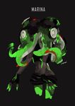  artist_name back bare_arms bioluminescence black_background black_gloves black_hair character_name commentary_request cowboy_shot crop_top cropped_legs dark_skin fingerless_gloves from_behind gloves glowing glowing_hair glowing_skin green_hair green_skin headphones iida_(splatoon) long_hair midriff multicolored multicolored_hair multicolored_skin octarian outstretched_arms prehensile_hair red_hair shorts solo splatoon_(series) splatoon_2 standing striped striped_shorts suction_cups tarai_(silica5) tentacle_hair 