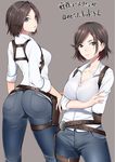  ass bangs blue_eyes breasts brown_hair cleavage commentary_request denim eyebrows holster jeans juli_kidman kippuru large_breasts multiple_views pants shirt short_hair shoulder_holster swept_bangs the_evil_within thigh_holster translation_request unbuttoned 