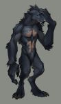  anthro big_hands black_fur blue_eyes canine casual_nudity chest_tuft chin_tuft digitigrade fangs fur hand_on_head kahito_slydeft_(artist) looking_at_viewer male mammal nude pubes simple_background solo standing tuft wolf 