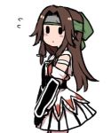  1girl blush brown_hair commentary_request cowboy_shot headband jintsuu_(kantai_collection) kantai_collection long_hair lowres pleated_skirt remodel_(kantai_collection) simple_background skirt solid_oval_eyes solo terrajin v_arms white_background 