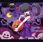  bare_shoulders bat_hair_ornament black_eyes black_hair bug cat cat_earrings crescent_moon demon_girl demon_horns demon_tail dress finger_to_mouth garter_straps hair_ornament halloween heart horns kunou_kodachi letterboxed looking_at_viewer moon nail_polish night open_mouth polearm ponytail purple_dress purple_nails ranma_1/2 sash short_dress silk solo spider spider_web tail thighhighs tongue tongue_out trick_or_treat trident wanta_(futoshi) weapon 