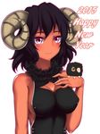  2015 absurdres animal_ears bare_shoulders black_hair blush breasts cleavage_cutout closed_mouth covered_nipples dark_skin eyebrows_visible_through_hair fur_trim hand_on_own_chest happy_new_year highres horns kuroleo large_breasts looking_at_viewer new_year original pink_eyes sheep sheep_ears sheep_girl sheep_horns short_hair simple_background sleeveless smile solo upper_body white_background 