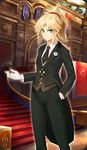  blonde_hair braid buttons collared_shirt crossdressing eyebrows_visible_through_hair fate/apocrypha fate/grand_order fate_(series) flower formal gem gloves gold_buttons green_eyes hair_ornament hair_scrunchie hand_in_pocket hand_up heroic_spirit_formal_dress indoors konoe_ototsugu long_hair looking_at_viewer mordred_(fate) mordred_(fate)_(all) necktie official_art pant_suit pants pocket ponytail red_scrunchie rose scrunchie shirt smile solo stained_glass stairs standing suit tuxedo white_flower white_gloves white_rose white_shirt 