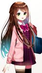  :d arm_at_side bag bow braid brown_hair green_eyes handbag highres jacket long_hair looking_at_viewer mosu2 open_mouth original pink_bow pink_jacket plaid school_uniform smile standing striped striped_bow thighhighs unmoving_pattern very_long_hair 