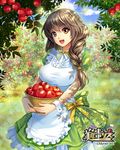  1girl apple apron basket brown_hair company_name copyright_name dress eagle_db eyebrows_visible_through_hair green_dress handcuffs happy long_hair official_art orchard outdoors smile solo sparkle tree twin_braids 