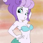  arm_up bare_arms blue_eyes breasts cala_maria_(cuphead) cleavage cuphead_(game) giantess hand_behind_head highres kanaria92 lips looking_at_viewer makeup mascara medium_breasts mermaid monster_girl navel parted_lips pose purple_hair shell shell_bikini sky solo stomach tentacle_hair v white_skin 