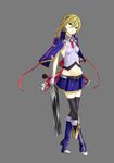  absurdres blazblue blazblue:_central_fiction blazblue:_chronophantasma blazblue:_continuum_shift blazblue_phase_0 blazblue_remix_heart blonde_hair boots full_body green_eyes grey_background gun highres holding holding_gun holding_weapon jacket long_hair looking_at_viewer noel_vermillion simple_background solo thighhighs weapon wmwm2 