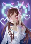  :3 bangs breasts brown_hair casual character_name collarbone d.va_(overwatch) eyebrows_visible_through_hair eyelashes eyeliner facepaint facial_mark fingernails ginger_cat_(ginger_z) hand_on_headphones headphones heart highres light_smile long_fingernails long_hair long_sleeves looking_at_viewer makeup nail_polish off_shoulder overwatch pink_eyes pink_lips pink_nails pink_pupils pixel_heart purple_background small_breasts solo swept_bangs upper_body whisker_markings 