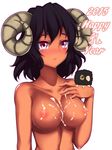  2015 animal_ears black_hair blush breasts closed_mouth collarbone cum cum_on_body cum_on_breasts cum_on_upper_body dark_skin eyebrows_visible_through_hair hand_on_own_chest happy_new_year highres horns kuroleo large_breasts looking_at_viewer new_year nipples nose_blush nude original pink_eyes sheep sheep_ears sheep_girl sheep_horns short_hair simple_background solo tears upper_body white_background 