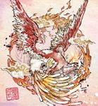  calligraphy_brush_(medium) commentary_request flying gen_2_pokemon ho-oh imomushi_(pixiv_9001433) looking_at_viewer no_humans pink_background pokemon pokemon_(creature) signature solo spread_wings traditional_media yellow_eyes 
