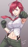  armpits breasts clenched_hand gloves green_pants highres large_breasts lipstick looking_at_viewer makeup midriff navel necktie pants punching_at_viewer purple_eyes red_hair red_lipstick red_neckwear shirt short_hair sleeveless sleeveless_shirt smile solo suspenders tenjou_tsuki the_king_of_fighters vanessa_(king_of_fighters) white_shirt 