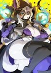  2017 5_fingers anthro bell_collar big_breasts blue_eyes breasts butt canine cleavage clothed clothing collar cross digital_media_(artwork) exposed_butt fan_character female fingerless_gloves fur gloves hi_res hood legwear looking_at_viewer magic magic_user mammal midriff nipple_slip nipples pose ricosye side_boob solo thigh_highs white_fur wolf 