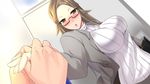  bad_anatomy blush breasts brown_eyes brown_hair chestnut_mouth door dutch_angle glasses highres holding_hands indoors large_breasts long_hair looking_at_viewer miracle_hoshi miyoshi_maiko original out_of_frame pov pov_hands ribbed_sweater solo_focus standing sweater teacher white_sweater 