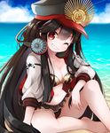  bikini black_bikini black_hair blue_sky cloud day family_crest fate/grand_order fate_(series) frilled_bikini frills grin hakuari_(hina) hat headphones horizon jacket koha-ace long_hair looking_at_viewer ocean oda_nobunaga_(fate) outdoors peaked_cap red_eyes sitting sky smile solo swimsuit white_jacket 