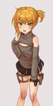  :o absurdres ahoge bad_id bad_pixiv_id bare_legs bare_shoulders black_gloves black_skirt black_sweater blonde_hair blush bolbbangbbang cleavage_cutout commentary_request detached_sleeves eyebrows_visible_through_hair flat_chest girls_frontline gloves grey_background hand_on_hip highres holster leaning_forward legs_apart long_sleeves looking_at_viewer miniskirt one_side_up open_mouth pleated_skirt short_hair simple_background skirt sleeveless sleeveless_turtleneck sleeves_past_wrists solo standing sweater thigh_holster tsurime turtleneck turtleneck_sweater v-shaped_eyebrows welrod_mk2_(girls_frontline) 