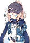  ahoge artoria_pendragon_(all) beni_shake black_hat blonde_hair blue_eyes blush eyebrows_visible_through_hair fate/grand_order fate_(series) hat long_hair looking_at_viewer mysterious_heroine_x parted_lips ponytail solo translated 