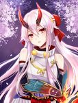 archer_inferno dress fate/grand_order horns long_hair red_eyes spirit tomoe_gozen_(fate/grand_order) white_hair 